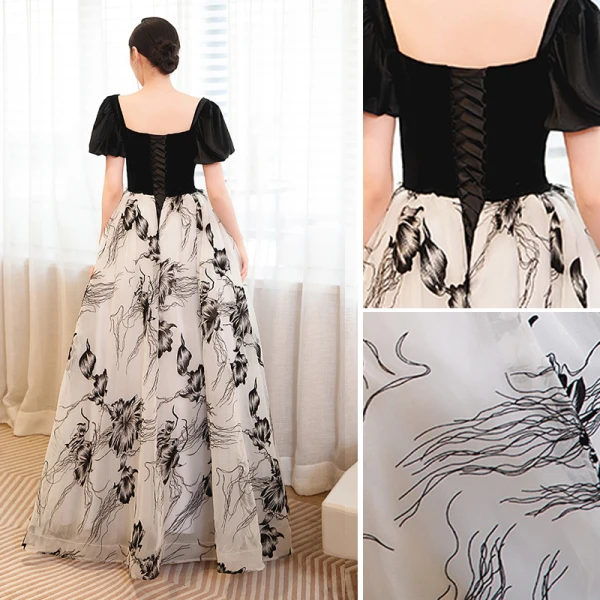 Élégant Noire Robe De Bal 2023 Princesse Faux Diamant Encolure Carrée Manches Courtes Dos Nu Longue Promo Robe De Ceremonie