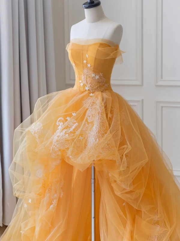 Fashion Champagne Lace Flower Cascading Ruffles Asymmetrical Prom Dresses Party Dresses 2024 Ball Gown Strapless Sleeveless Backless Formal Dresses