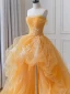 Fashion Champagne Lace Flower Cascading Ruffles Asymmetrical Prom Dresses Party Dresses 2024 Ball Gown Strapless Sleeveless Backless Formal Dresses