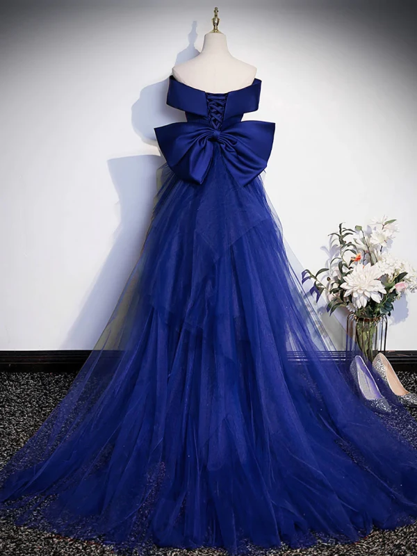 Vintage / Retro Royal Blue Satin Prom Dresses 2024 Trumpet / Mermaid Off-The-Shoulder Sleeveless Backless Bow Floor-Length / Long Formal Dresses
