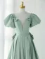 Elegant Sage Green Satin Prom Dresses 2024 A-Line / Princess Square Neckline Backless Bow Puffy Short Sleeve Floor-Length / Long Formal Dresses