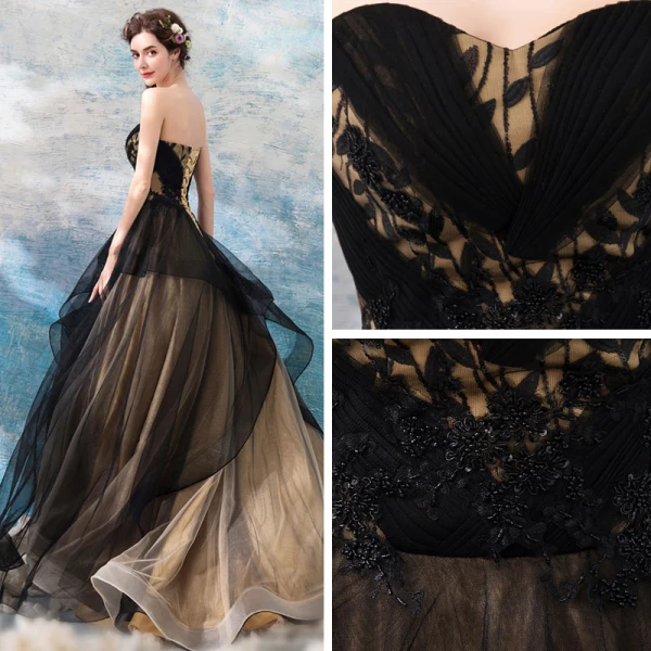 Chic / Beautiful Black 2018 Prom Dresses A-Line / Princess Tulle Floor-Length / Long Winter Strapless Beading Appliques Backless Evening Party Prom Formal Dresses