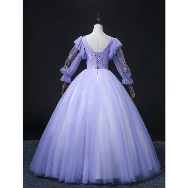 Elegant Lavender Sequins Lace Flower Prom Dresses 2022 Ball Gown Scoop Neck 3/4 Sleeve Backless Floor-Length / Long Formal Dresses