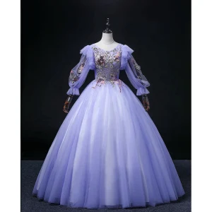 Elegant Lavender Sequins Lace Flower Prom Dresses 2022 Ball Gown Scoop Neck 3 4 Sleeve Backless Floor Length Long Formal Dresses