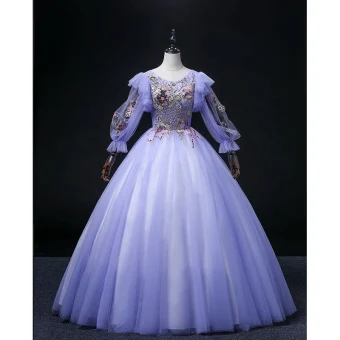Élégant Lavande Paillettes En Dentelle Fleur Robe De Bal 2022 Robe Boule Encolure Dégagée 3 4 Manches Dos Nu Longue Robe De Ceremonie