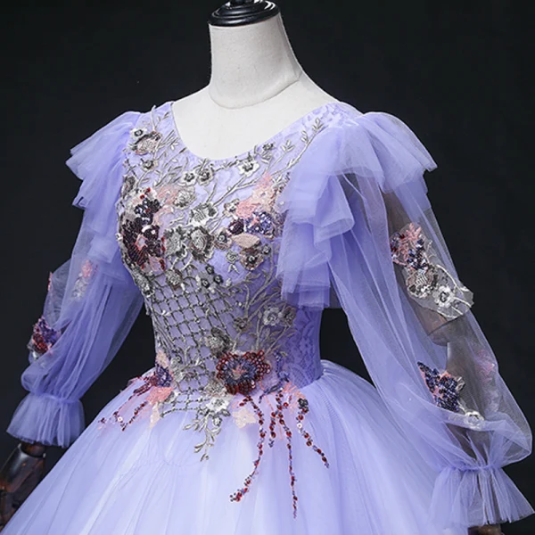 Elegant Lavender Sequins Lace Flower Prom Dresses 2022 Ball Gown Scoop Neck 3/4 Sleeve Backless Floor-Length / Long Formal Dresses