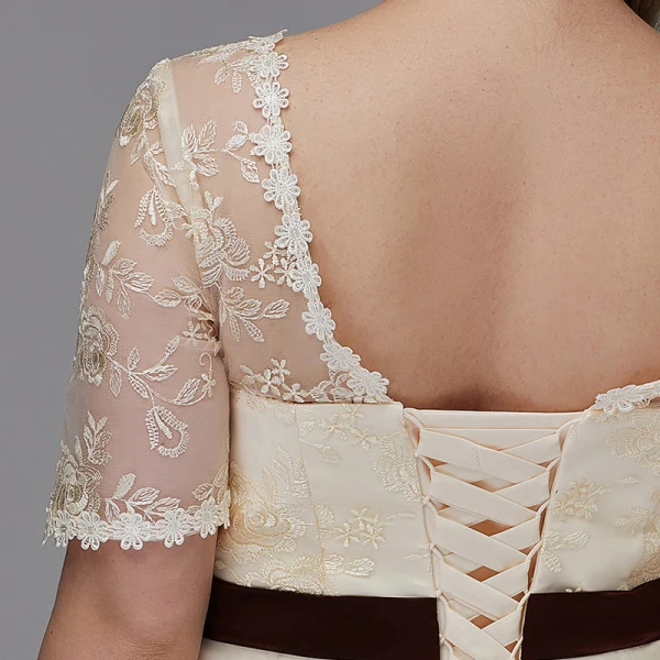 Chic / Beautiful Champagne Plus Size Graduation Dresses 2020 A-Line / Princess U-Neck 1/2 Sleeves Appliques Backless Embroidered Handmade Homecoming