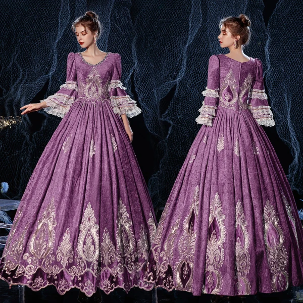 Vintage / Retro Medieval Grape Ball Gown Prom Dresses 2021 Floor-Length / Long 3/4 Sleeve U-Neck Zipper Up Handmade Beading Rhinestone 3D Lace Backless Prom Cosplay Formal Dresses