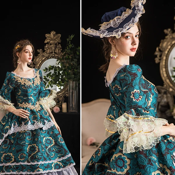 Vintage / Retro Medieval Dark Green Ball Gown Prom Dresses 2021 U-Neck Floor-Length / Long 1/2 Sleeves 3D Lace Flower Printing Cosplay Prom Formal Dresses