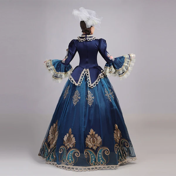 Vintage / Retro Medieval Navy Blue Ball Gown Prom Dresses 2021 Long Sleeve High Neck Floor-Length / Long 3D Lace Flower Embroidered Cosplay Prom Formal Dresses