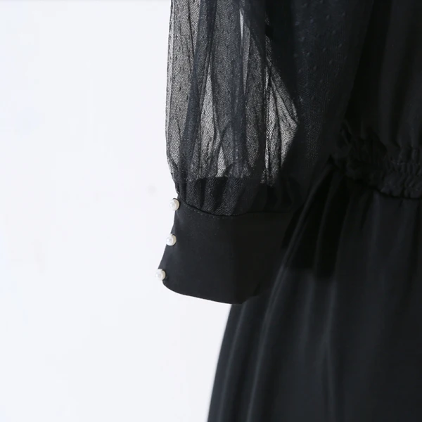 Modern / Fashion Black Plus Size Evening Dresses 2020 A-Line / Princess V-Neck Long Sleeve See-through Buttons Solid Color Tea-length Summer Evening Party Formal Dresses