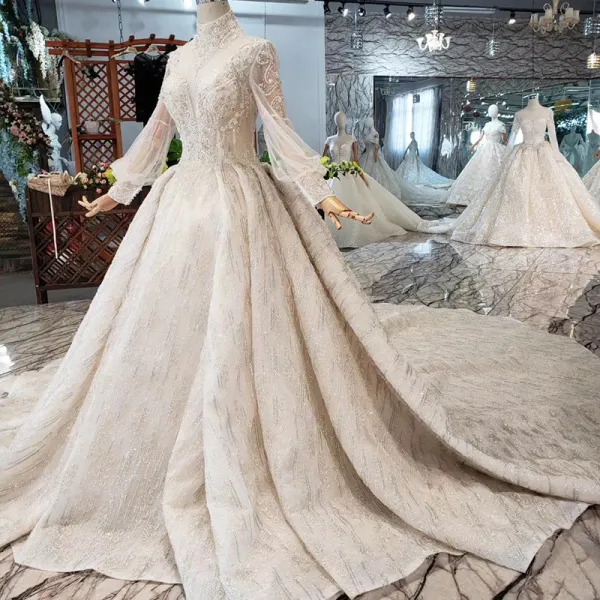 Amazing / Unique High-end Champagne Ball Gown Wedding Dresses 2020 Long Sleeve Scoop Neck Handmade  Backless Beading Crystal Pearl Rhinestone Sequins Cathedral Train Wedding