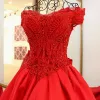 Chic / Beautiful 2017 Prom Dresses Red Covered Button Chiffon Leaf Chapel Train Casual Church Cocktail Party Evening Party U-Neck Summer Sleeveless A-Line / Princess