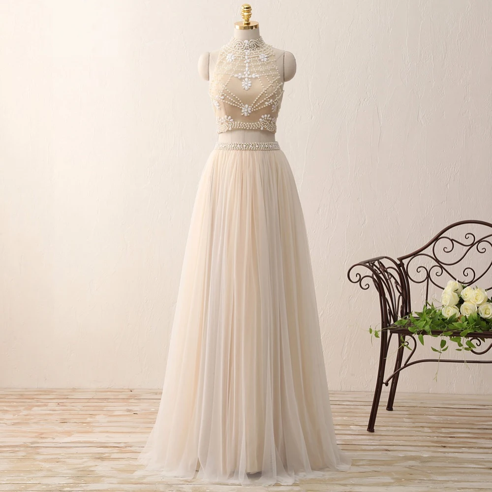 white christmas dresses Two Pieces High Neck Champagne Lace Wedding Dresses, 2 Pieces Champagn
