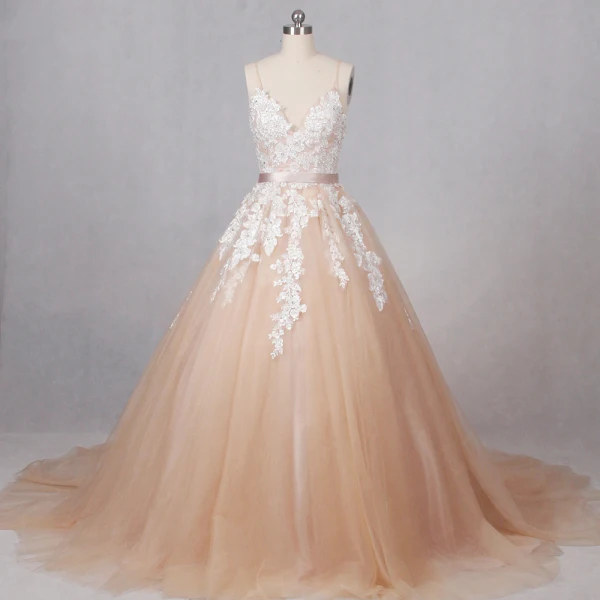 Elegant Champagne Wedding Dresses 2017 V-Neck Spaghetti Straps Shoulders Sleeveless Appliques Sequins Lace Backless Sash Tulle Ball Gown
