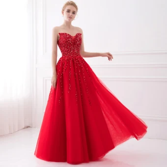 Scintillantes Rouge Robe De Bal 2017 Princesse Sans Manches Unique Amoureux Dos Nu Perlage Paillettes Longue Tulle Robe De Ceremonie