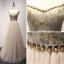 Elegant Champagne Evening Dresses  2017 A-Line / Princess V-Neck Charmeuse Appliques Backless Beading Handmade  Evening Party Formal Dresses