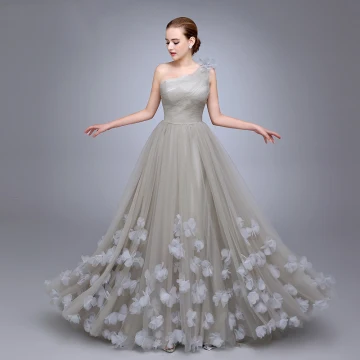 Chic Beautiful Grey One Shoulder Prom Dresses 2017 A Line Princess Sleeveless Ruffle Tulle Flower Floor Length Long Formal Dresses