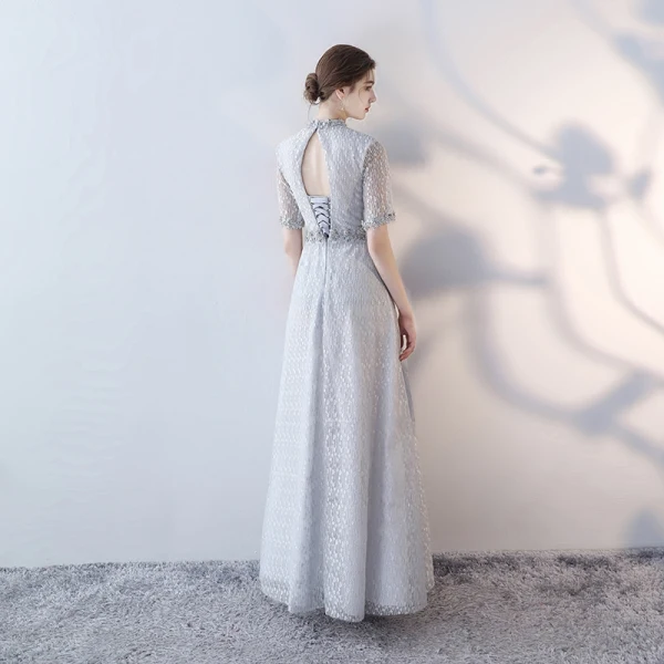 Klasyczna Eleganckie Szary Sukienki Wieczorowe 2017 Princessa Koronkowe Wysokiej Szyi Aplikacje Bez Pleców Frezowanie Wykonany Ręcznie Wieczorowe Sukienki Wizytowe