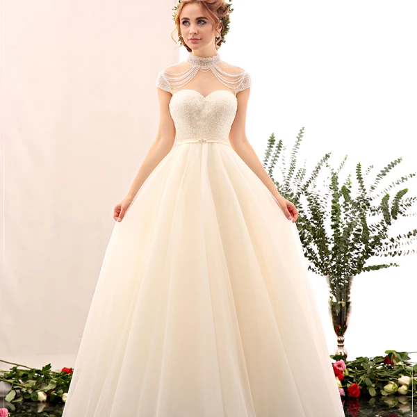 Amazing / Unique Champagne Wedding 2017 A-Line / Princess Organza High Neck Heart-shaped Backless Beading Wedding Dresses