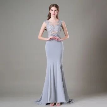 Modern Fashion Silver Evening Dresses 2017 Scoop Neck Sleeveless Appliques Lace Beading Trumpet Mermaid Formal Dresses Sweep Train