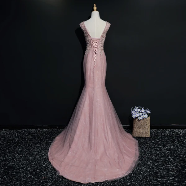 Luxury / Gorgeous Blushing Pink Evening Dresses 2017 Trumpet / Mermaid U-Neck Tulle Beading Backless Embroidered Evening Party Formal Dresses