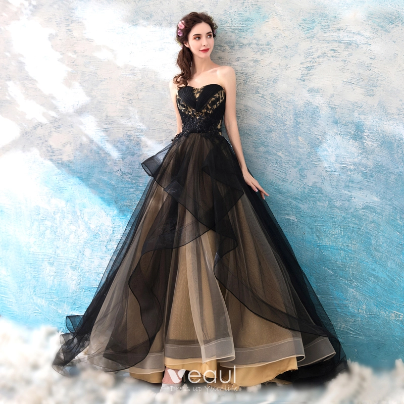 Chic Beautiful Black 2018 Prom Dresses A Line Princess Tulle Floor Length Long Winter Strapless Beading Appliques Backless Evening Party Prom Formal Dresses