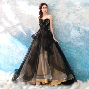 Chic Beautiful Black 2018 Prom Dresses A Line Princess Tulle Floor Length Long Winter Strapless Beading Appliques Backless Evening Party Prom Formal Dresses
