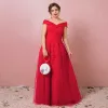 Klassisch Elegante Rot Übergröße Abendkleider 2018 A Linie Schnüren Tülle Frühling Applikationen Rückenfreies Bandeau Abend Festliche Kleider