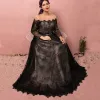 Classy Amazing / Unique Black Plus Size Evening Dresses  2018 A-Line / Princess Lace-up U-Neck Tulle Appliques Backless Evening Party Formal Dresses