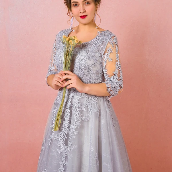 Chic / Belle Gris Grande Taille Robe De Soirée 2018 Princesse Tulle U-Cou Appliques Dos Nu Perlage Fait main Soirée Robe De Ceremonie