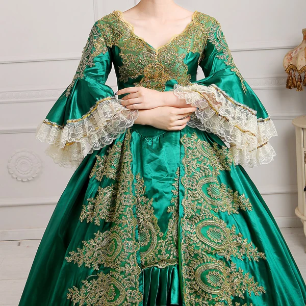 Vintage / Retro Green Puffy Ball Gown Prom Dresses 2018 3/4 Sleeve Charmeuse V-Neck Lace-up Appliques Beading Formal Dresses