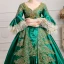 Vintage / Retro Green Puffy Ball Gown Prom Dresses 2018 3/4 Sleeve Charmeuse V-Neck Lace-up Appliques Beading Formal Dresses