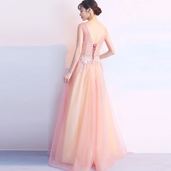 Chic / Beautiful Blushing Pink Floor-Length / Long Evening Dresses 2018 A-Line / Princess Tulle U-Neck Appliques Backless Beading Sequins Evening Party Formal Dresses
