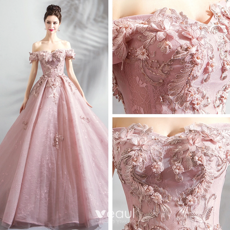 Amazing Unique Blushing Pink Floor Length Long Prom Dresses 2018 Lace up Tulle Appliques Backless Beading