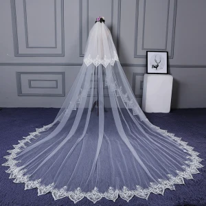 Modest Simple White Cathedral Train Wedding Lace Tulle Appliques Wedding Veils 2018