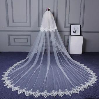Modest Simple White Cathedral Train Wedding Lace Tulle Appliques Wedding Veils 2018