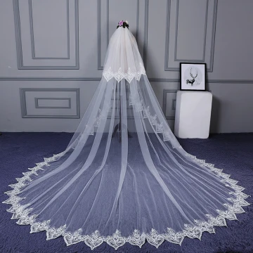 Enkel Hvit Cathedral Train Bryllup Blonder Tyll Appliques Brudeslør 2018