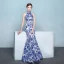 Chinese style Royal Blue Floor-Length / Long Evening Dresses  2018 High Neck Trumpet / Mermaid Charmeuse Printing Evening Party Formal Dresses