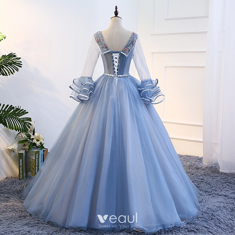 Elegant Sky Blue Appliques Prom Dresses 2023 Ball Gown Off-The-Shoulder 3/4  Sleeve Backless Floor-Length / Long Tulle Prom Formal Dresses