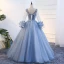 Classic Elegant Sky Blue Prom Dresses 2017 Ball Gown Tulle V-Neck Appliques Backless Beading Prom Formal Dresses