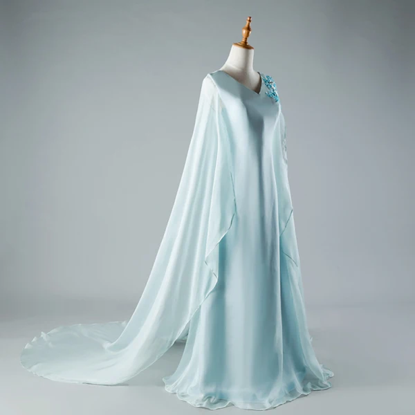 Chinese style Sky Blue Chapel Train Evening Dresses 2018 A-Line / Princess V-Neck Tulle With Cloak Appliques Beading Evening Party Formal Dresses