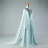 Kinesisk Stil Himmelsblå Chapel Train Aftonklänningar 2018 Prinsessa V-Hals Tyll Med Kappa Appliqués Beading Afton Formella Klänningar
