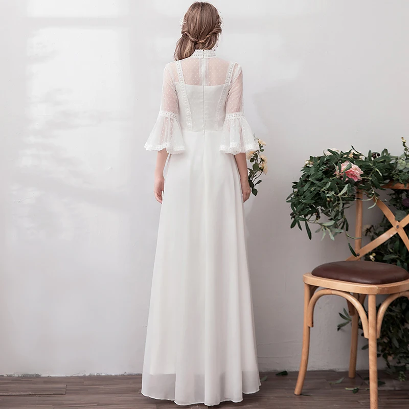 Modern Fashion White Evening Dresses 2019 A Line Princess Long Sleeve Lace  Tulle High Neck Appliques Backless Beach Church Formal Dresses
