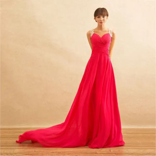 Chic / Beautiful Fuchsia Evening Dresses  2017 A-Line / Princess V-Neck Sleeveless Appliques Lace Chiffon Formal Dresses Court Train
