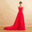 Chic / Beautiful Fuchsia Evening Dresses  2017 A-Line / Princess V-Neck Sleeveless Appliques Lace Chiffon Formal Dresses Court Train