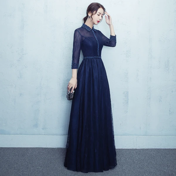Chic / Beautiful 2017 Navy Blue Evening Dresses  U-Neck Chiffon Pearl A-Line / Princess Homecoming Formal Dresses