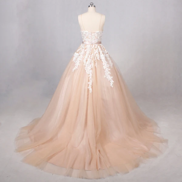 Elegant Champagne Wedding Dresses 2017 V-Neck Spaghetti Straps Shoulders Sleeveless Appliques Sequins Lace Backless Sash Tulle Ball Gown