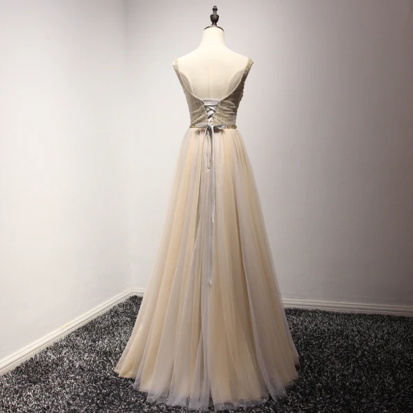 Elegant Champagne Evening Dresses 2017 A-Line / Princess V-Neck Charmeuse Appliques Backless Beading Handmade Evening Party Formal Dresses