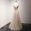 Elegant Champagne Evening Dresses  2017 A-Line / Princess V-Neck Charmeuse Appliques Backless Beading Handmade  Evening Party Formal Dresses
